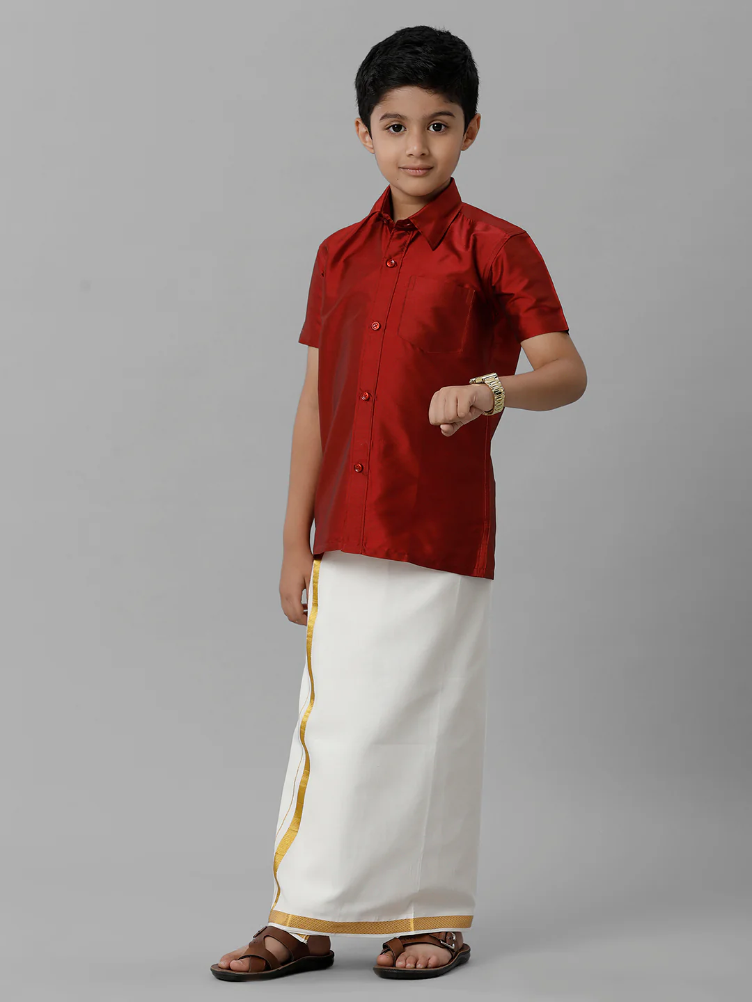 Boys Red Half Sleeves Shirt with Cream Dhoti Combo K8 - Image 3