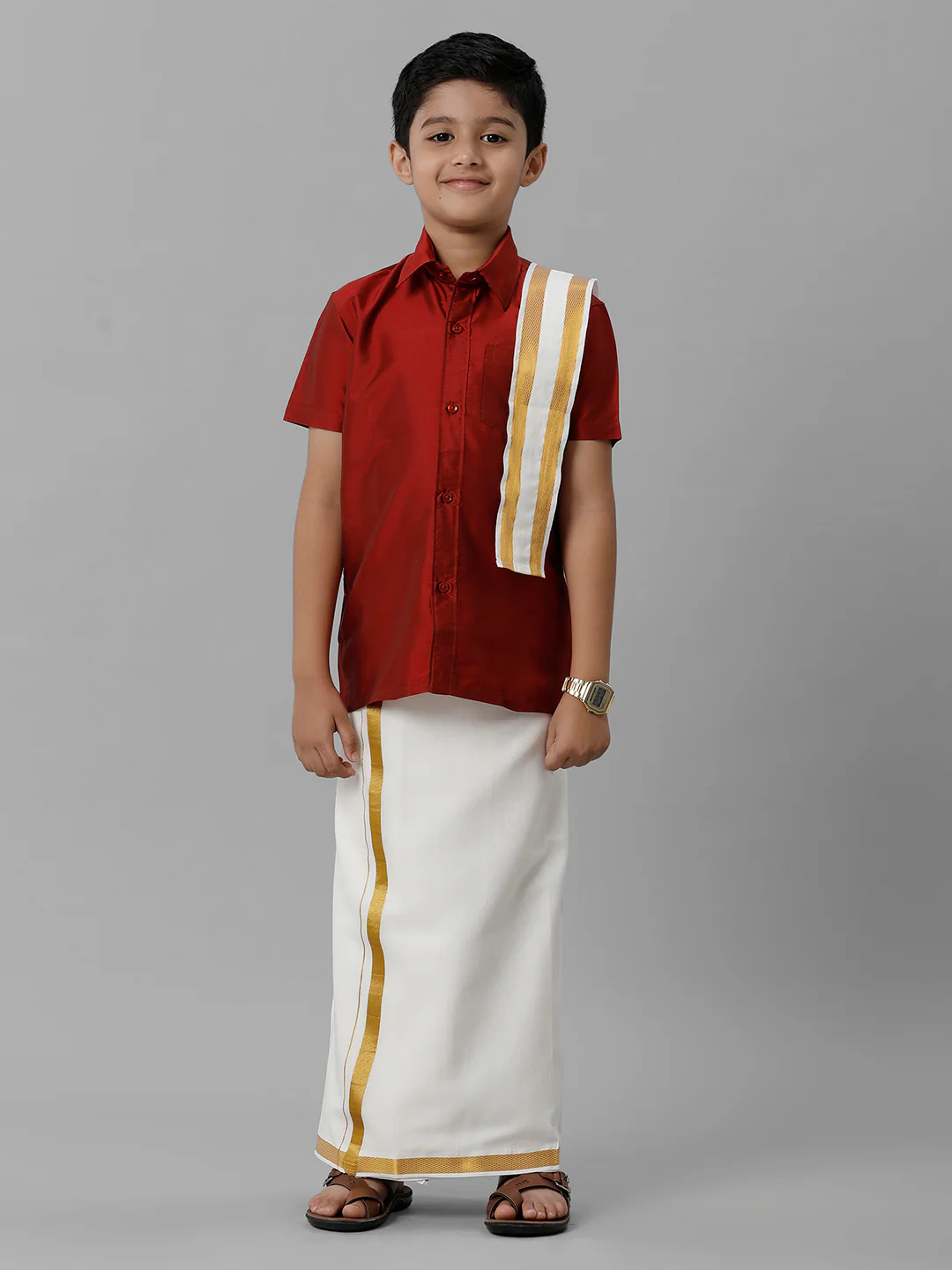 Boys Red Half Sleeves Shirt with Cream Dhoti Towel Combo K8 - Image 2