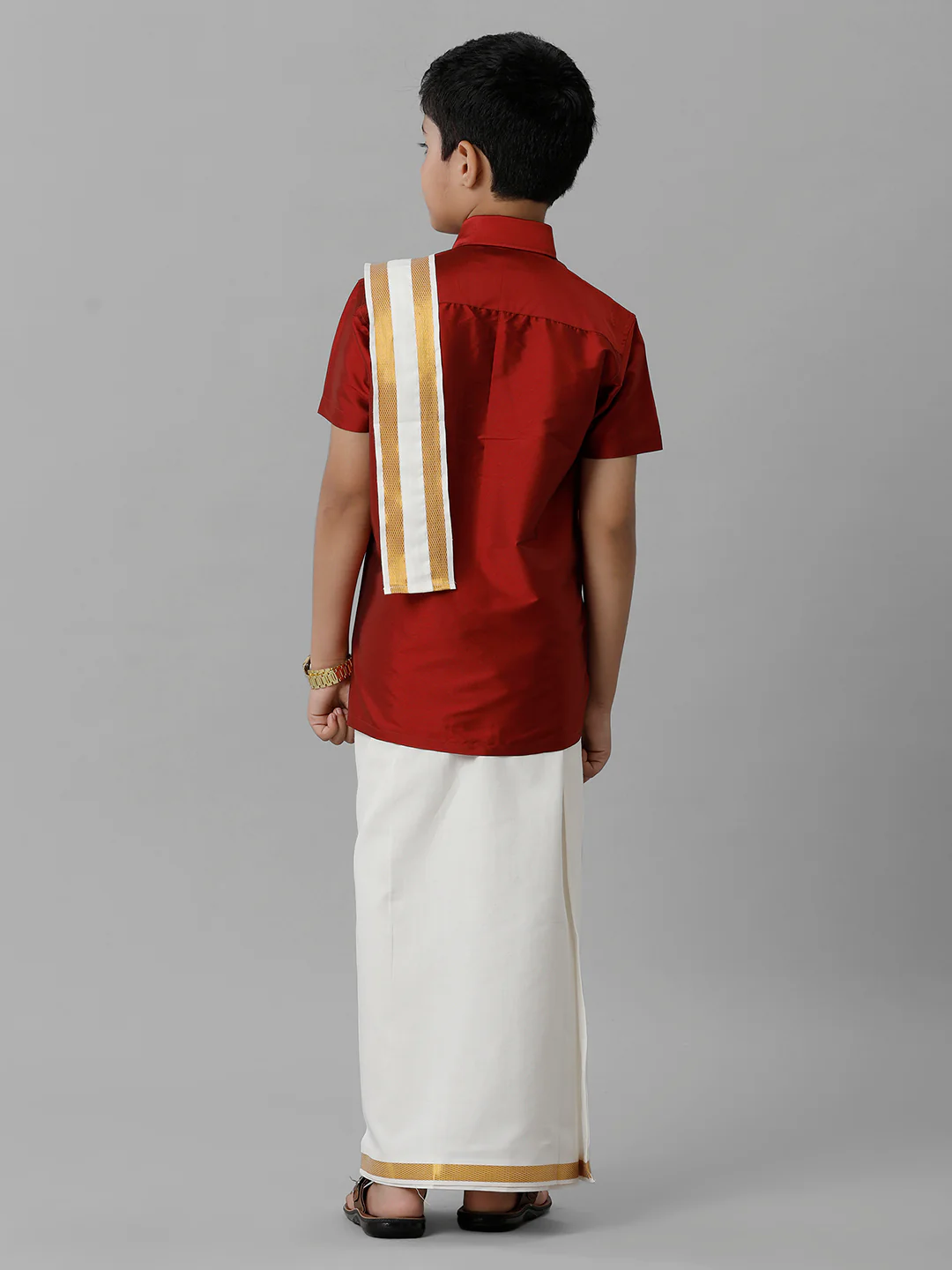 Boys Red Half Sleeves Shirt with Cream Dhoti Towel Combo K8 - Image 3