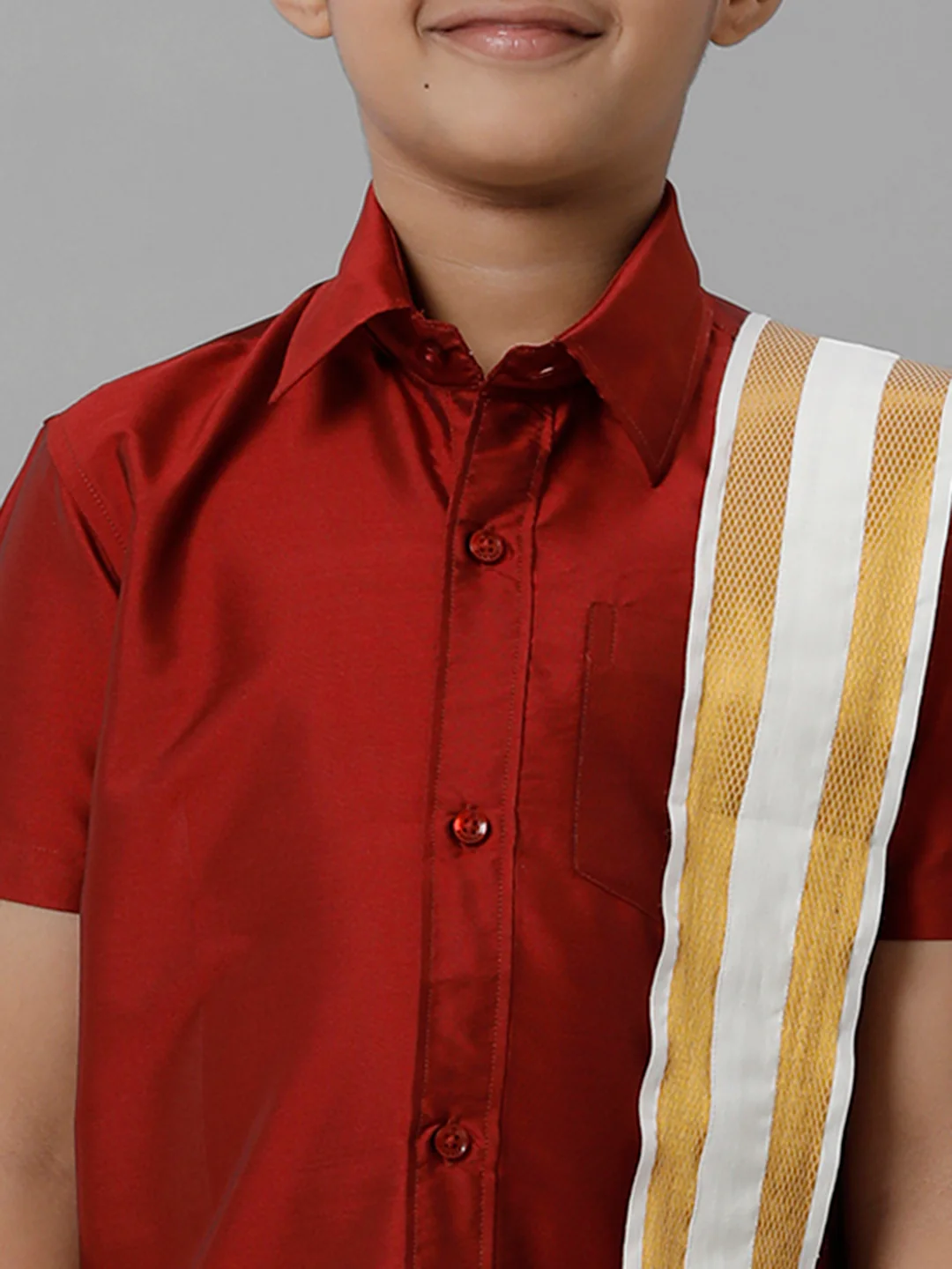 Boys Red Half Sleeves Shirt with Cream Dhoti Towel Combo K8 - Image 4