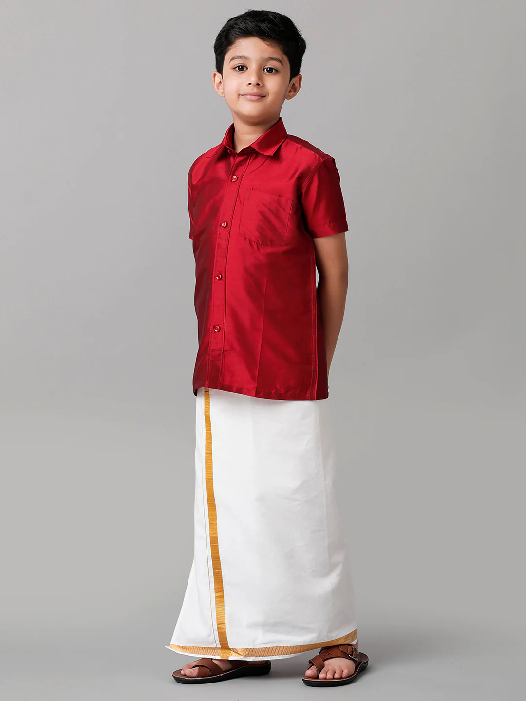 Boys Red Half Sleeves Shirt with White Dhoti Combo K8 - Image 2
