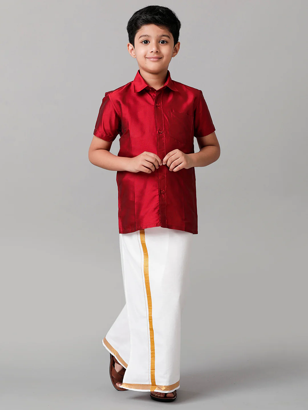 Boys Red Half Sleeves Shirt with White Dhoti Combo K8 - Image 4