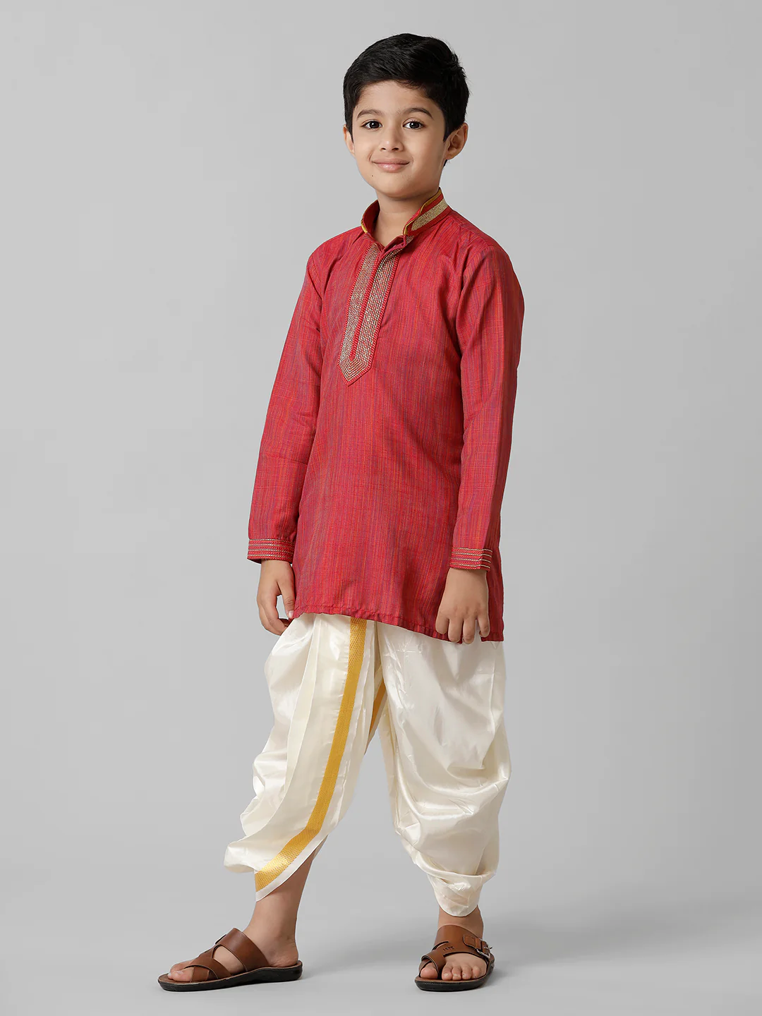 Boys Red Kurta with Cream Art Silk Panchakacham Combo EMD4 - Image 3