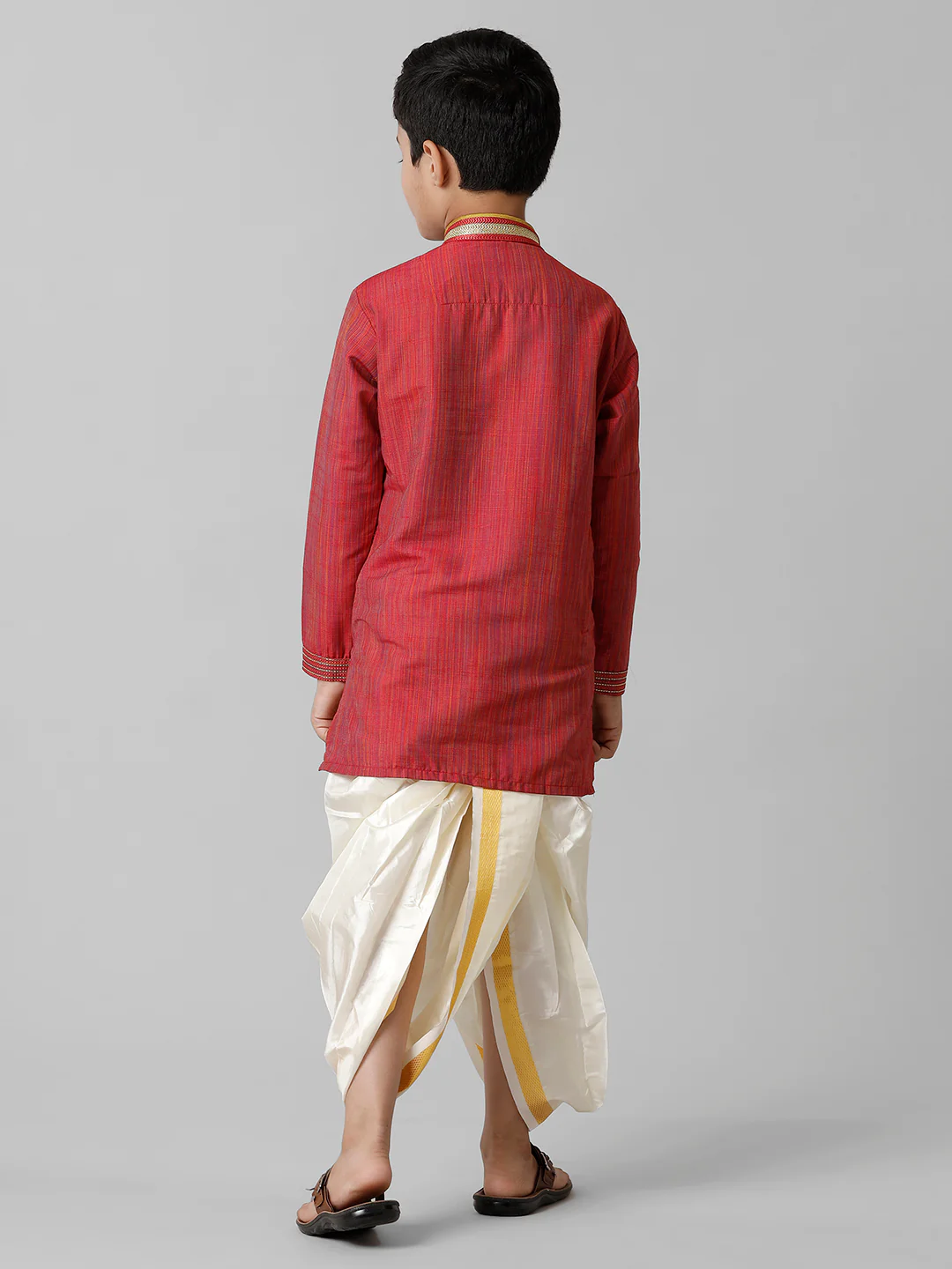 Boys Red Kurta with Cream Art Silk Panchakacham Combo EMD4 - Image 4
