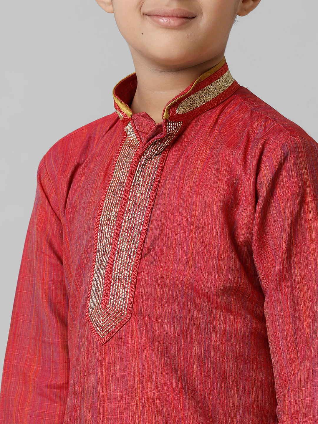 Boys Red Kurta with Cream Art Silk Panchakacham Combo EMD4 - Image 5