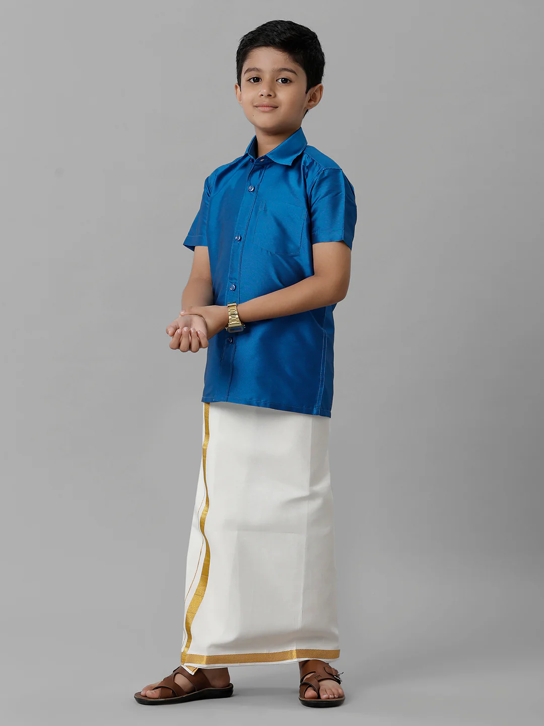 Boys Royal Blue Half Sleeves Shirt with Cream Dhoti Combo K10 - Image 3