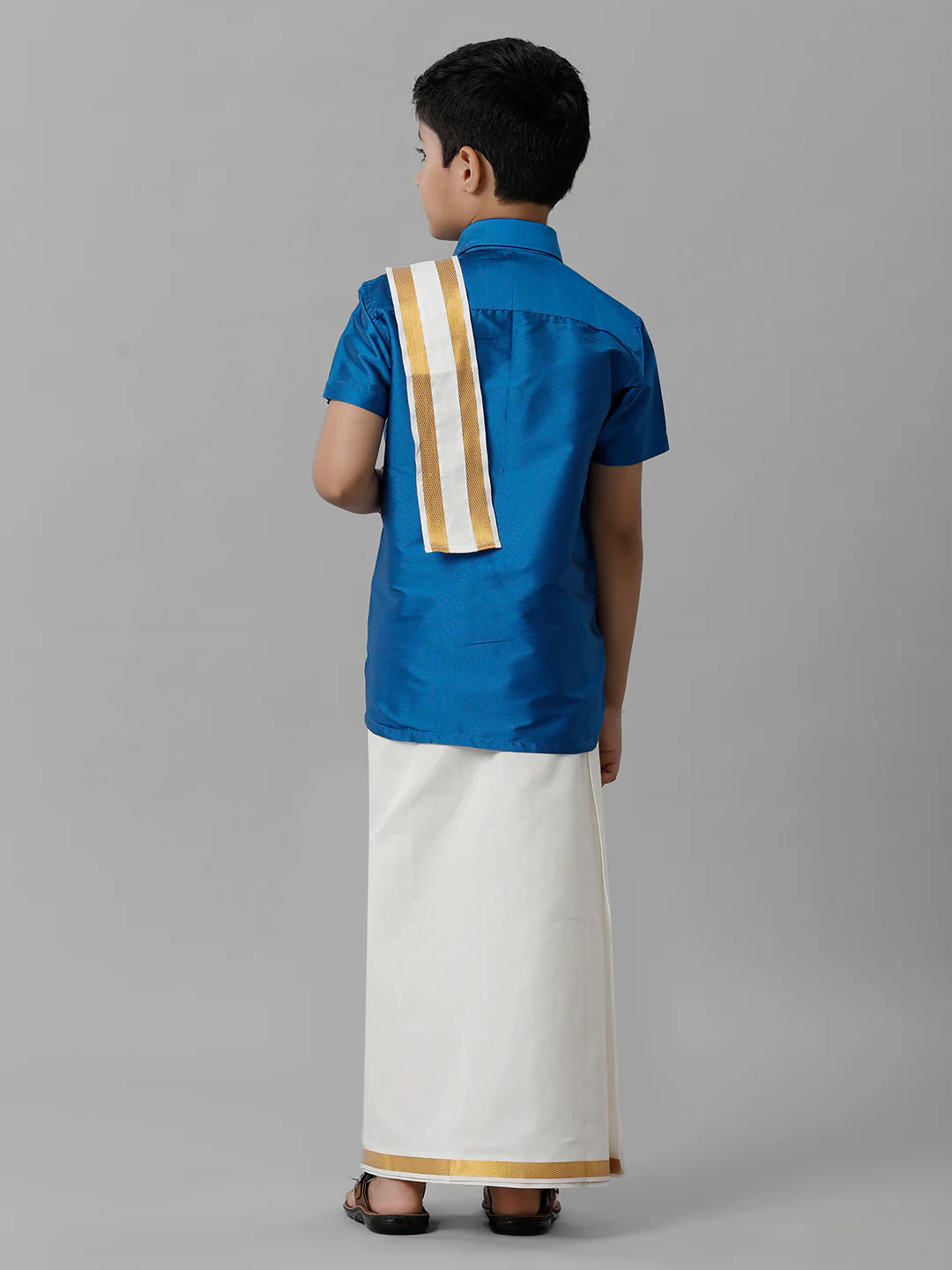 Boys Royal Blue Half Sleeves Shirt with Cream Dhoti Towel Combo K10 - Image 3