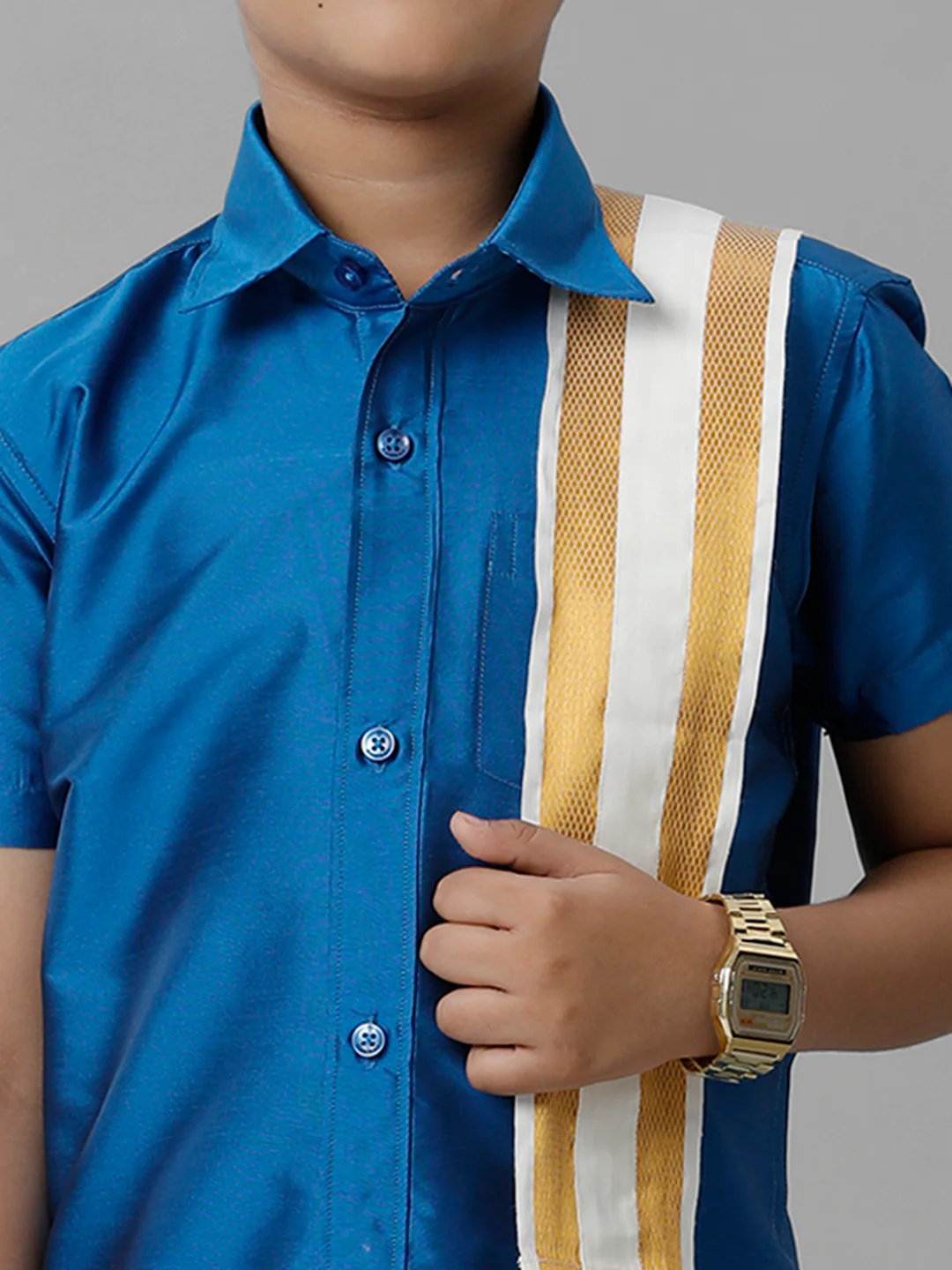 Boys Royal Blue Half Sleeves Shirt with Cream Dhoti Towel Combo K10 - Image 4