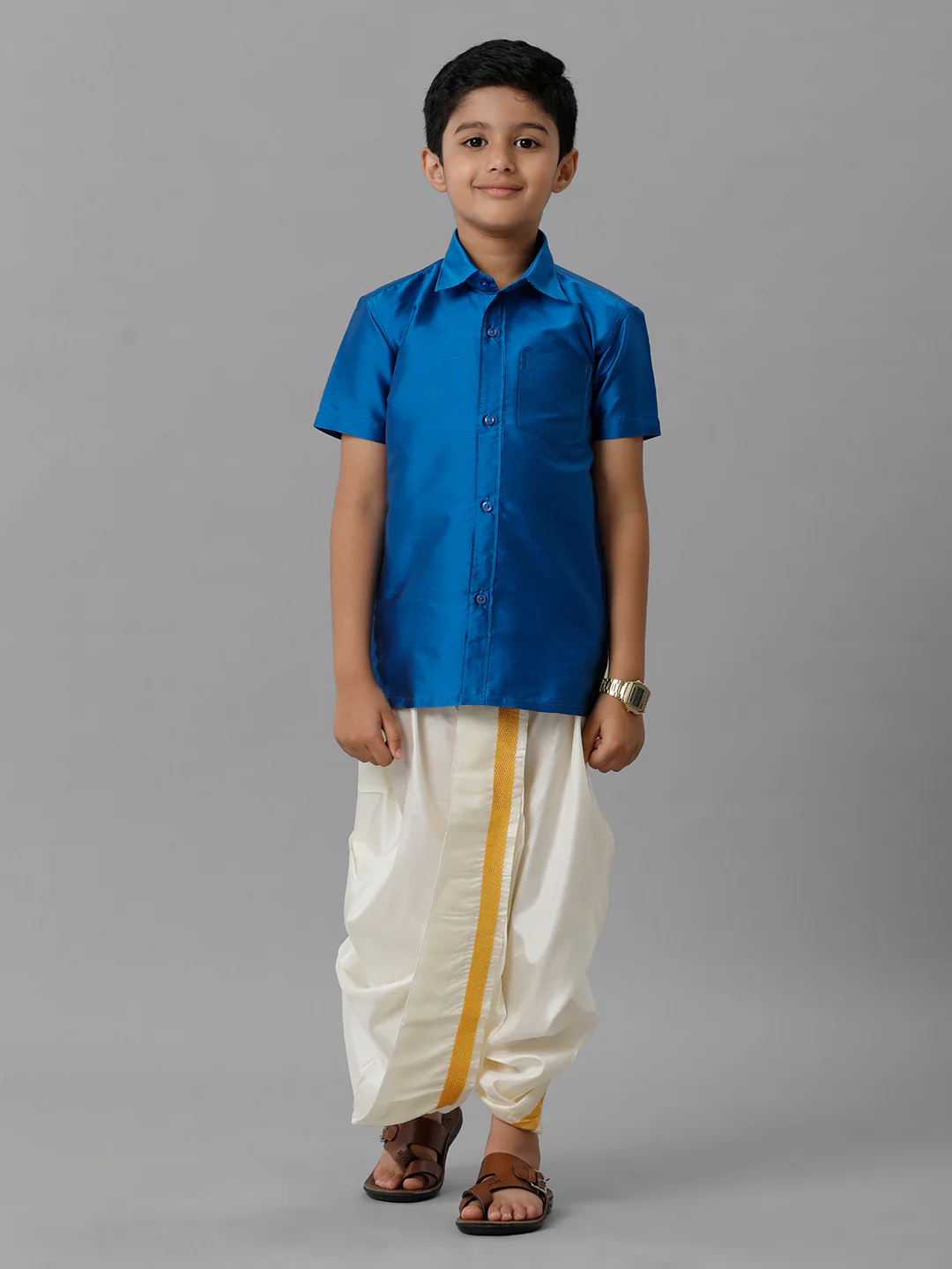 Boys Royal Blue Half Sleeves Shirt with Cream Panchakacham Set K10 - Image 2