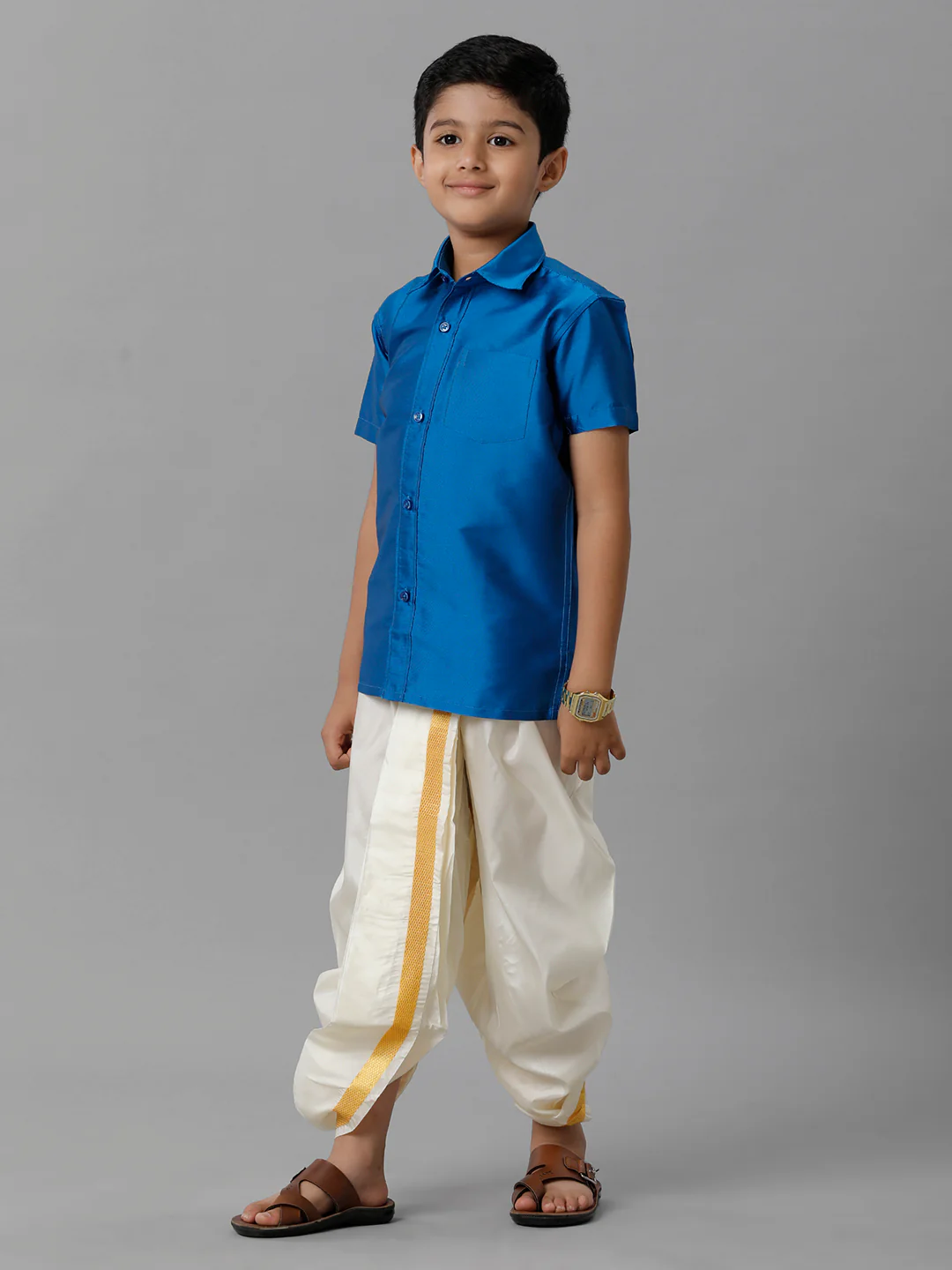 Boys Royal Blue Half Sleeves Shirt with Cream Panchakacham Set K10 - Image 3