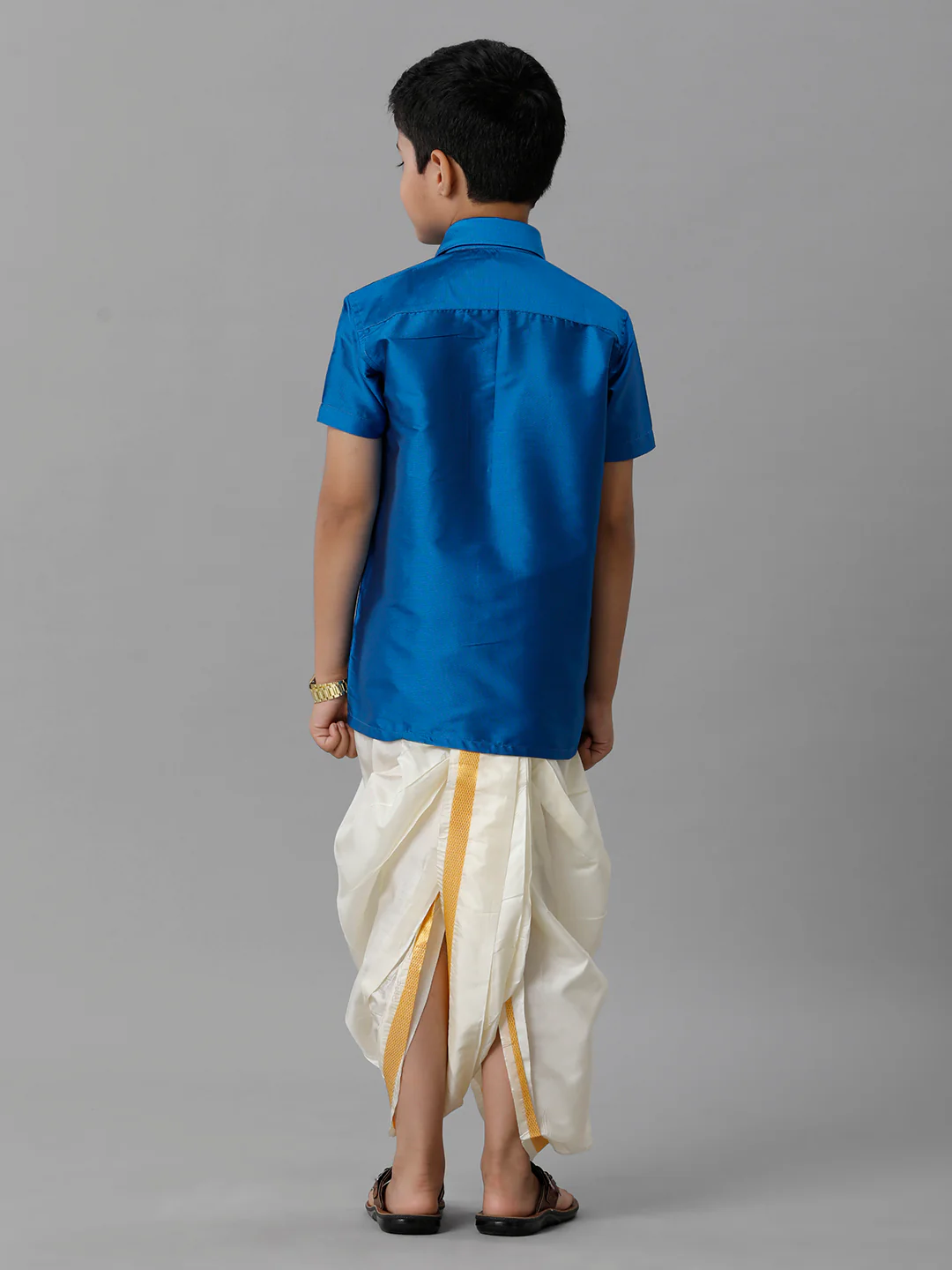 Boys Royal Blue Half Sleeves Shirt with Cream Panchakacham Set K10 - Image 4