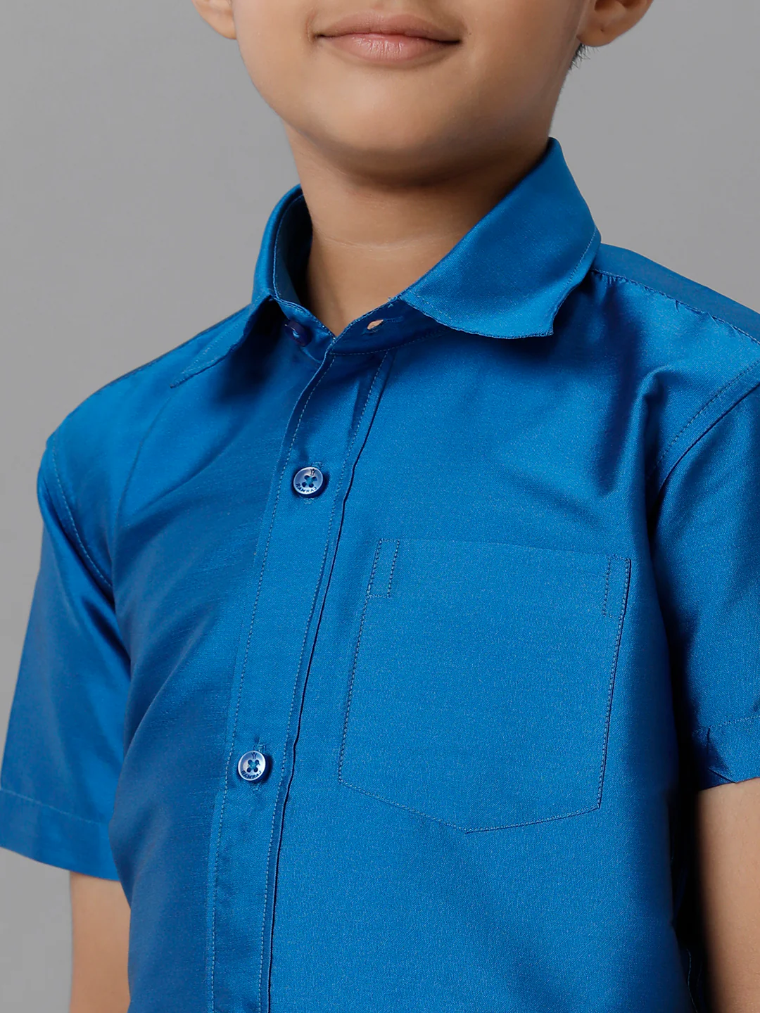 Boys Royal Blue Half Sleeves Shirt with Cream Panchakacham Set K10 - Image 5