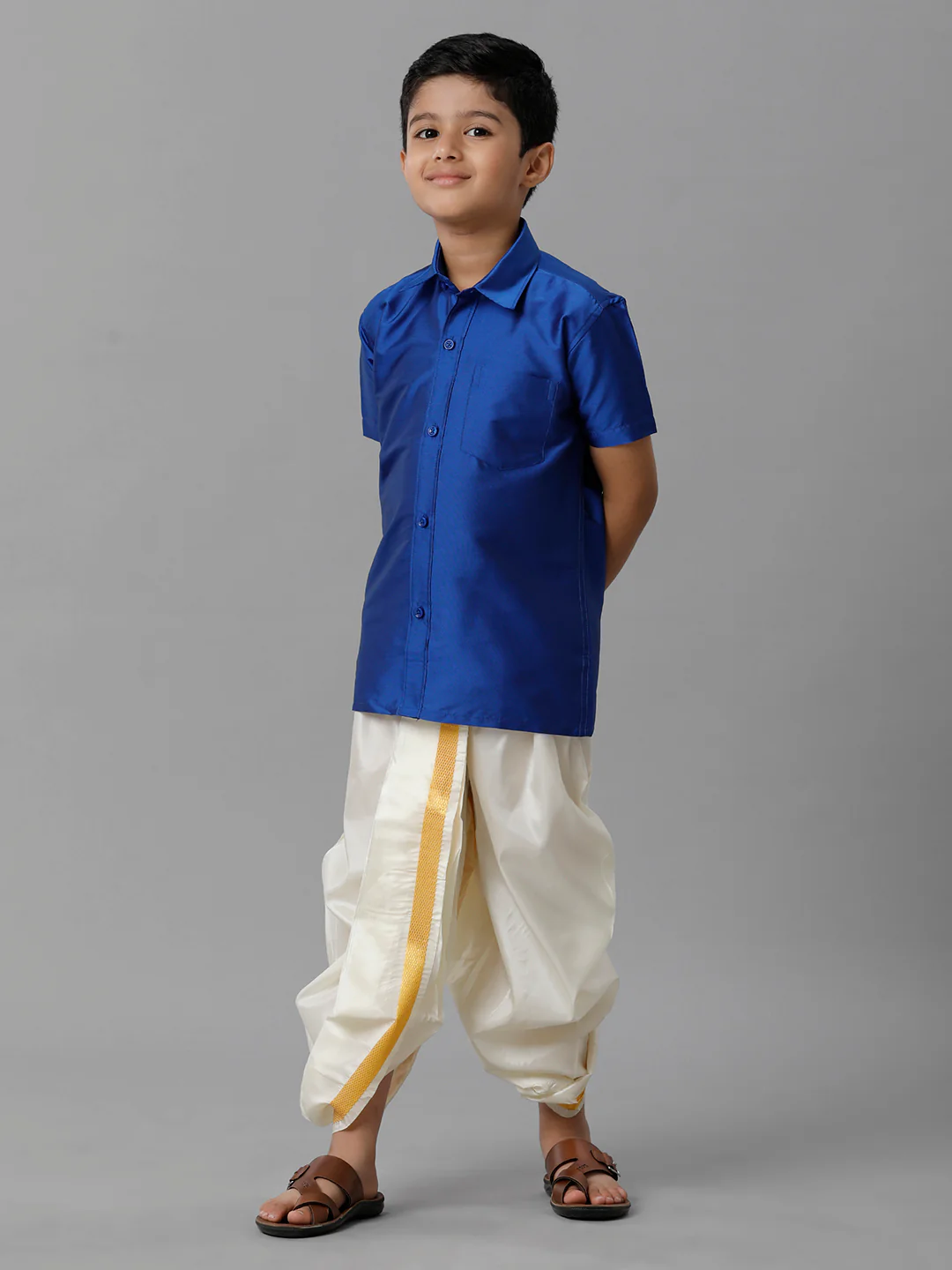 Boys Royal Blue Half Sleeves Shirt with Cream Panchakacham Set K5 - Image 3