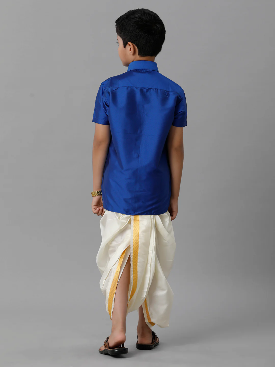 Boys Royal Blue Half Sleeves Shirt with Cream Panchakacham Set K5 - Image 4