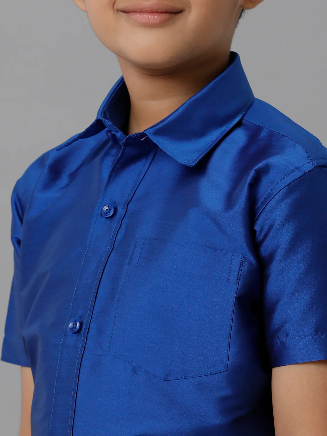 Boys Royal Blue Half Sleeves Shirt with Cream Panchakacham Set K5 - Image 5