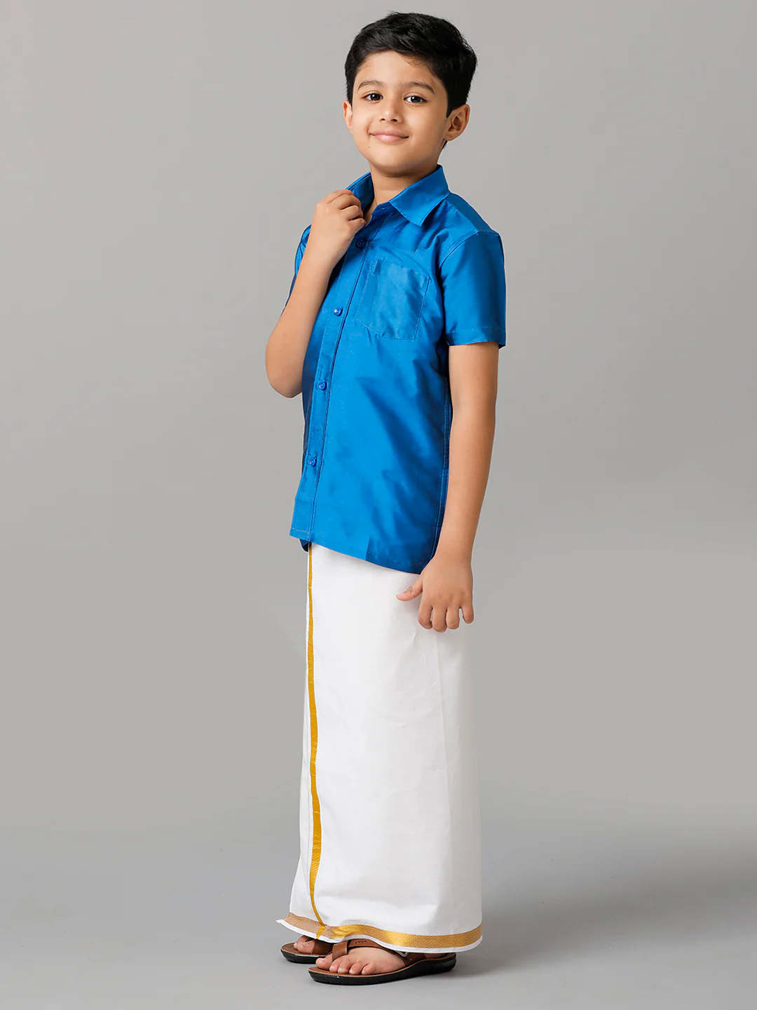 Boys Royal Blue Half Sleeves Shirt with White Dhoti Combo K10 - Image 2