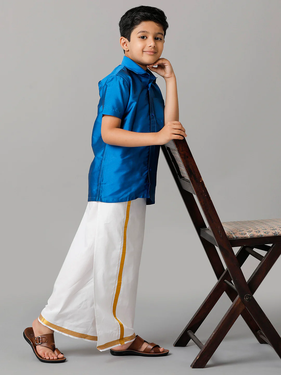 Boys Royal Blue Half Sleeves Shirt with White Dhoti Combo K10 - Image 3
