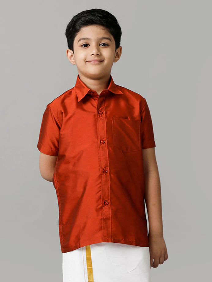 Boys Silk Cotton Brick Half Sleeves Shirt K39 - Image 4