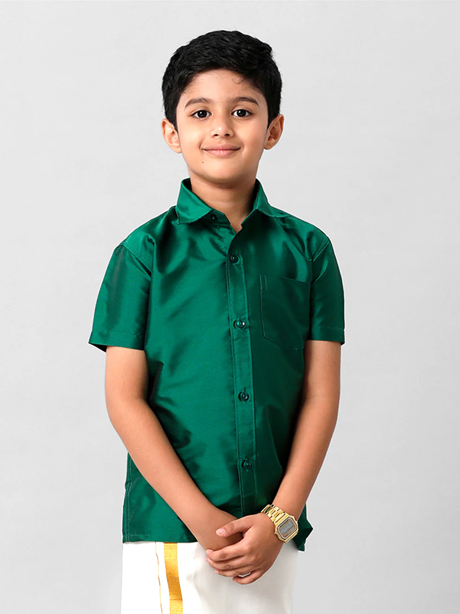 Boys Silk Cotton Dark Green Half Sleeves Shirt K9 - Image 2