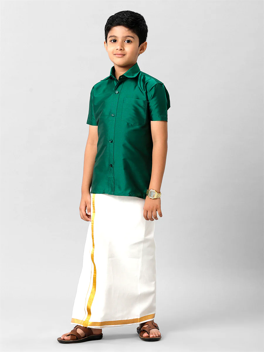 Boys Silk Cotton Dark Green Half Sleeves Shirt K9 - Image 5