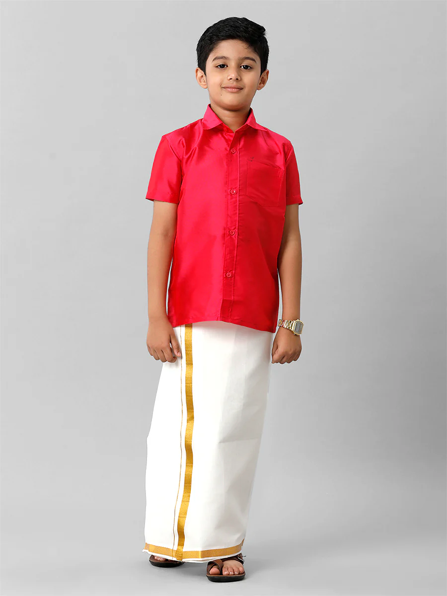 Boys Silk Cotton Dark Pink Half Sleeves Shirt K13 - Image 5