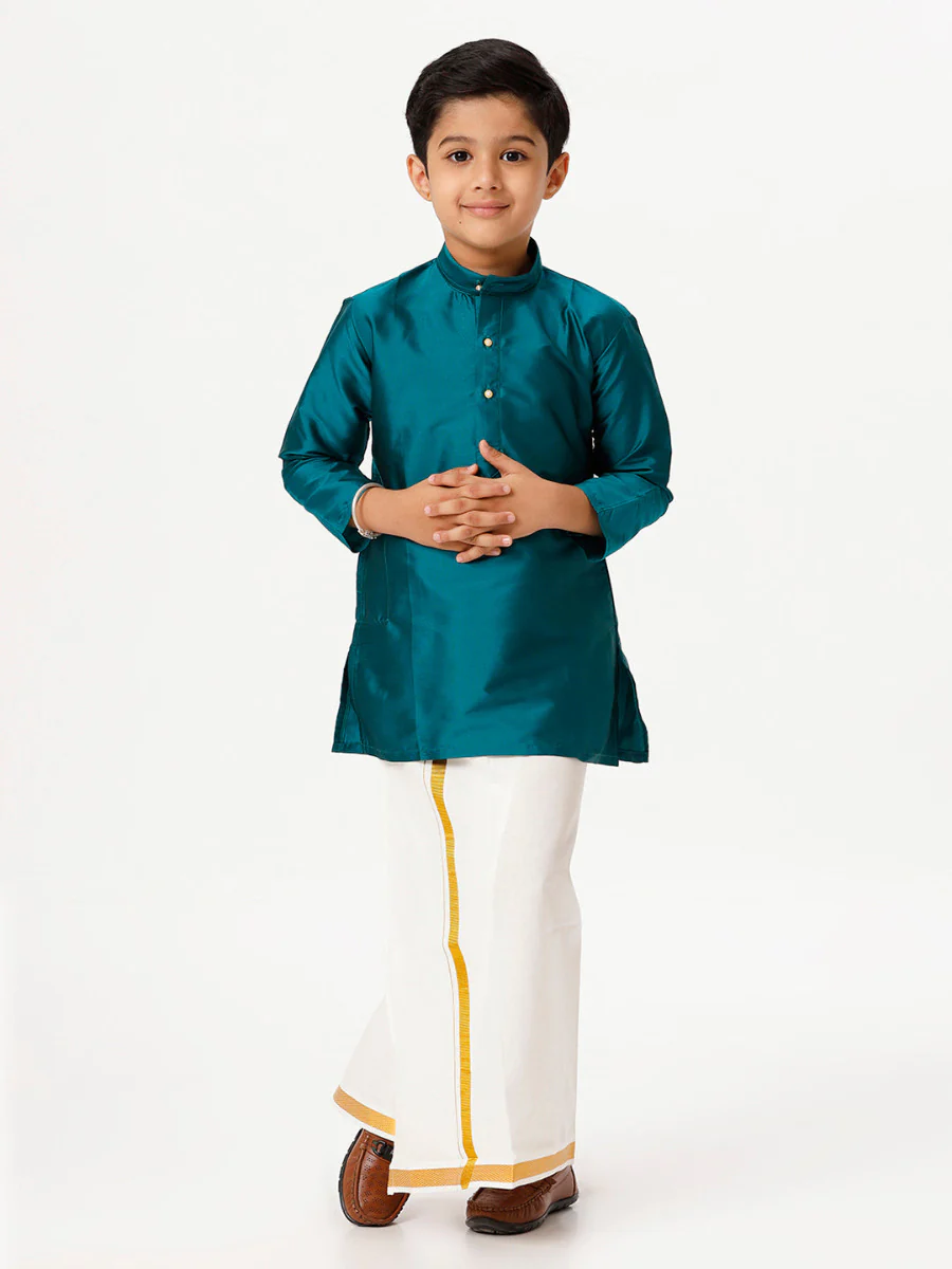 Boys Silk Cotton Full Sleeves Dark Green Kurta with Gold Jari Dhoti Combo - Image 2