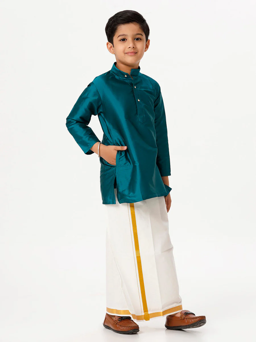 Boys Silk Cotton Full Sleeves Dark Green Kurta with Gold Jari Dhoti Combo - Image 3