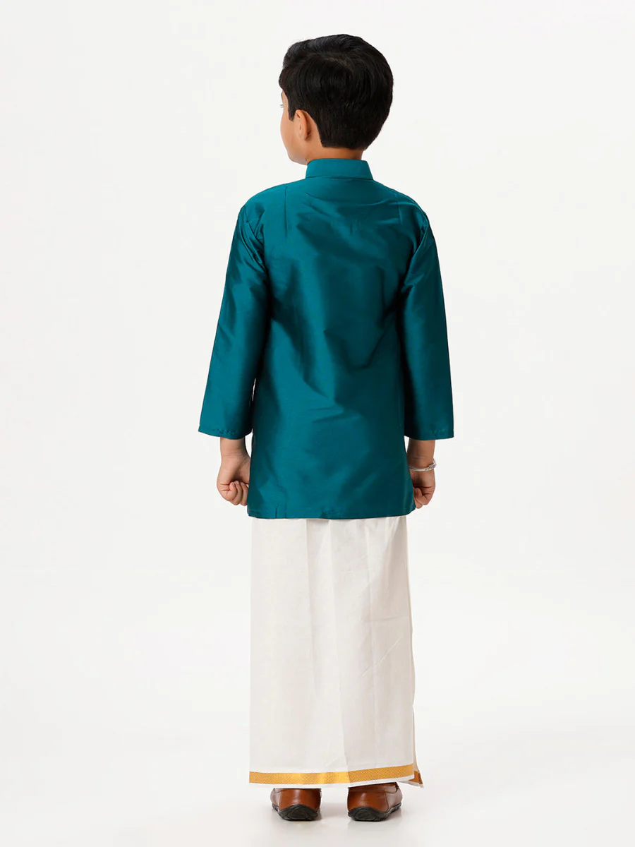 Boys Silk Cotton Full Sleeves Dark Green Kurta with Gold Jari Dhoti Combo - Image 4
