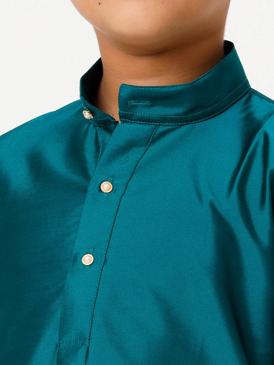 Boys Silk Cotton Full Sleeves Dark Green Kurta with Gold Jari Dhoti Combo - Image 5