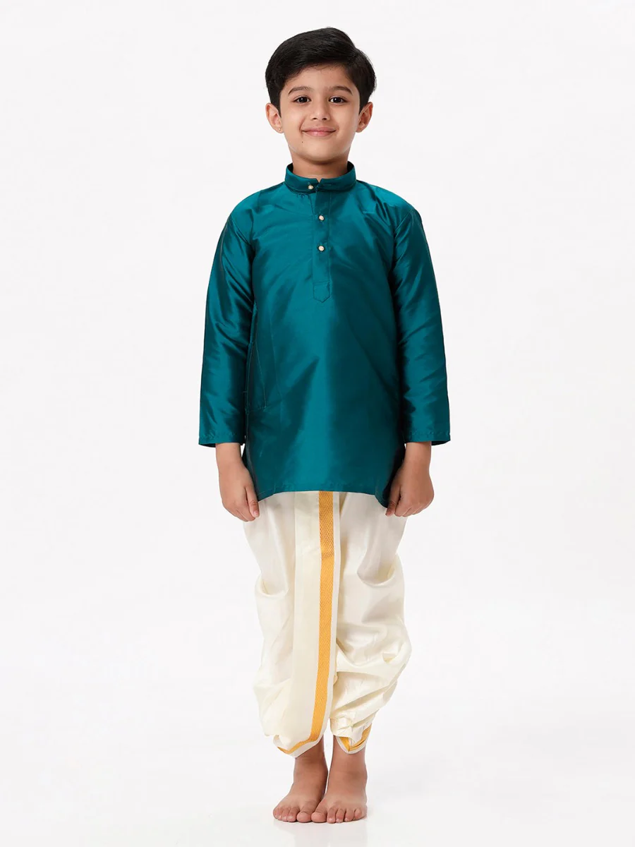Boys Silk Cotton Full Sleeves Dark Green Kurta with Panchakacham Combo - Image 2