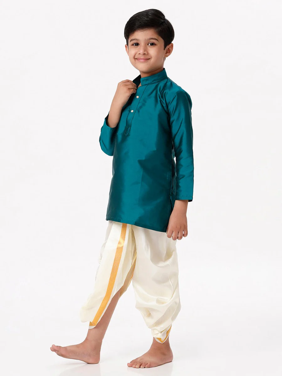 Boys Silk Cotton Full Sleeves Dark Green Kurta with Panchakacham Combo - Image 3