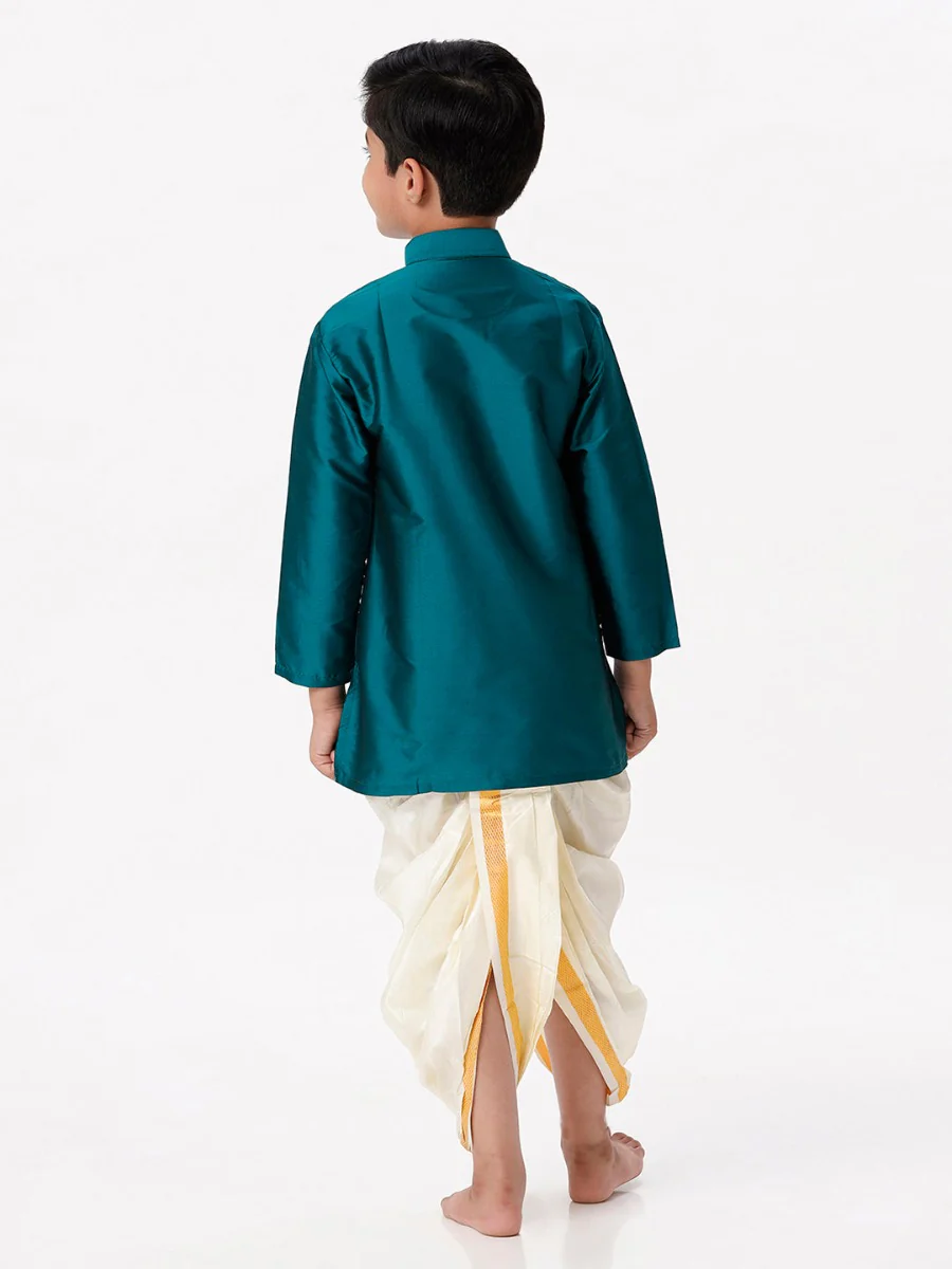 Boys Silk Cotton Full Sleeves Dark Green Kurta with Panchakacham Combo - Image 4