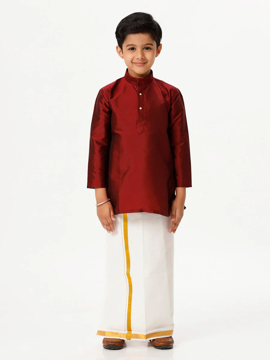 Boys Silk Cotton Full Sleeves Maroon Kurta with Gold Jari Dhoti Combo - Image 2