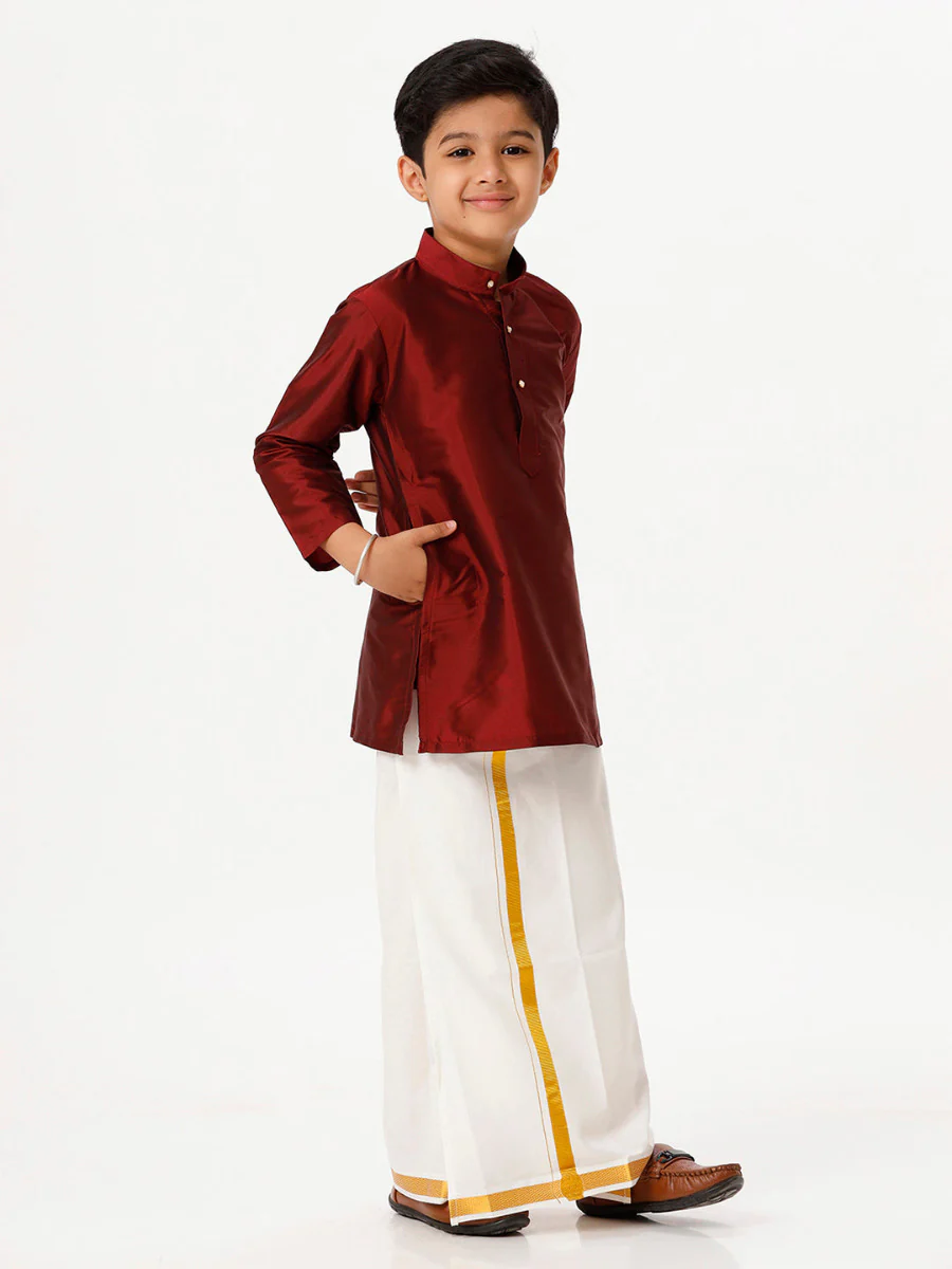 Boys Silk Cotton Full Sleeves Maroon Kurta with Gold Jari Dhoti Combo - Image 3