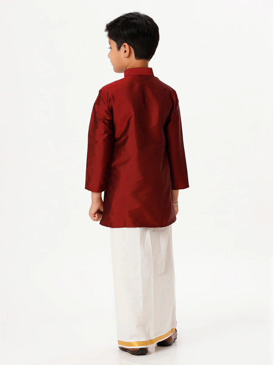 Boys Silk Cotton Full Sleeves Maroon Kurta with Gold Jari Dhoti Combo - Image 4