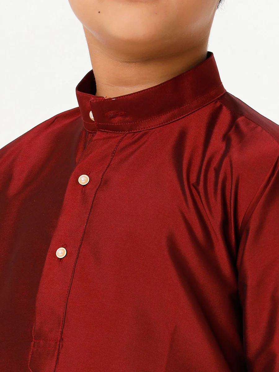 Boys Silk Cotton Full Sleeves Maroon Kurta with Gold Jari Dhoti Combo - Image 5