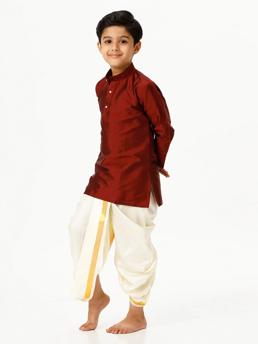 Boys Silk Cotton Full Sleeves Maroon Kurta with Panchakacham Combo - Image 2