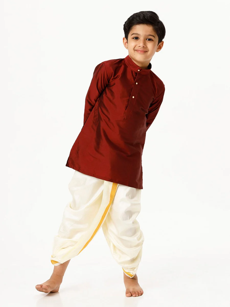 Boys Silk Cotton Full Sleeves Maroon Kurta with Panchakacham Combo - Image 3