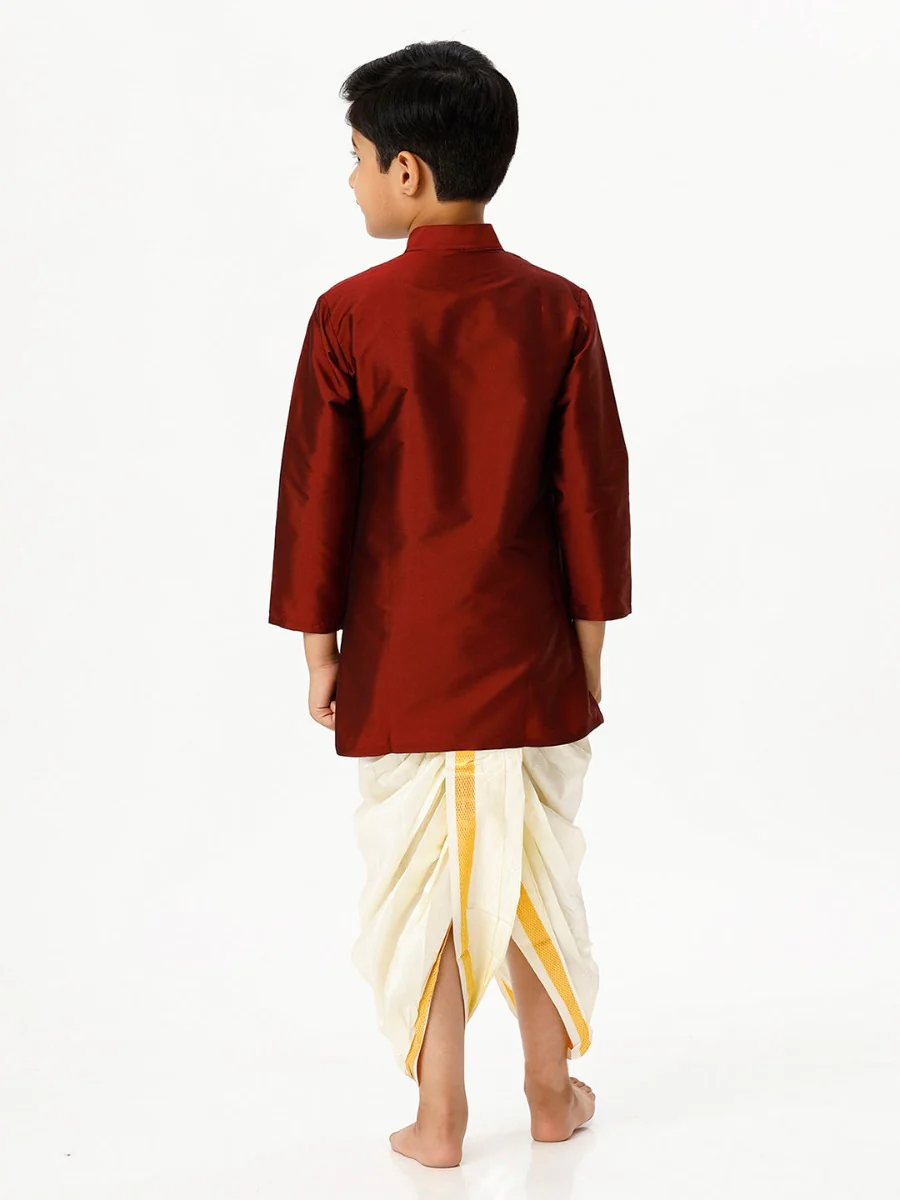 Boys Silk Cotton Full Sleeves Maroon Kurta with Panchakacham Combo - Image 4