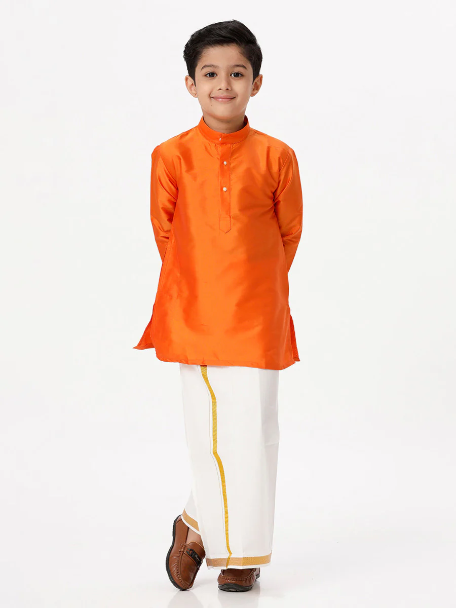 Boys Silk Cotton Full Sleeves Orange Kurta with Gold Jari Dhoti Combo - Image 3