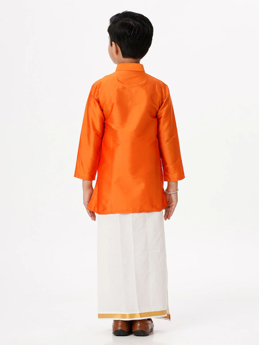 Boys Silk Cotton Full Sleeves Orange Kurta with Gold Jari Dhoti Combo - Image 4