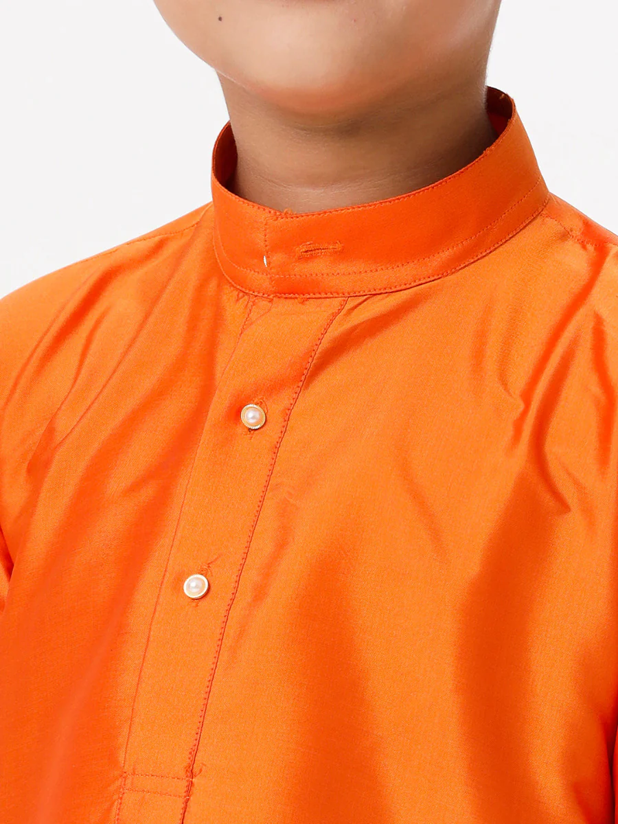 Boys Silk Cotton Full Sleeves Orange Kurta with Gold Jari Dhoti Combo - Image 5