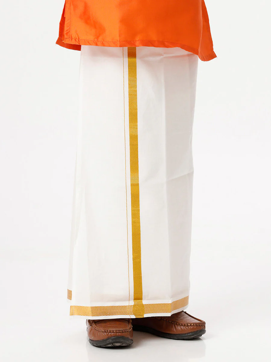 Boys Silk Cotton Full Sleeves Orange Kurta with Gold Jari Dhoti Combo - Image 6