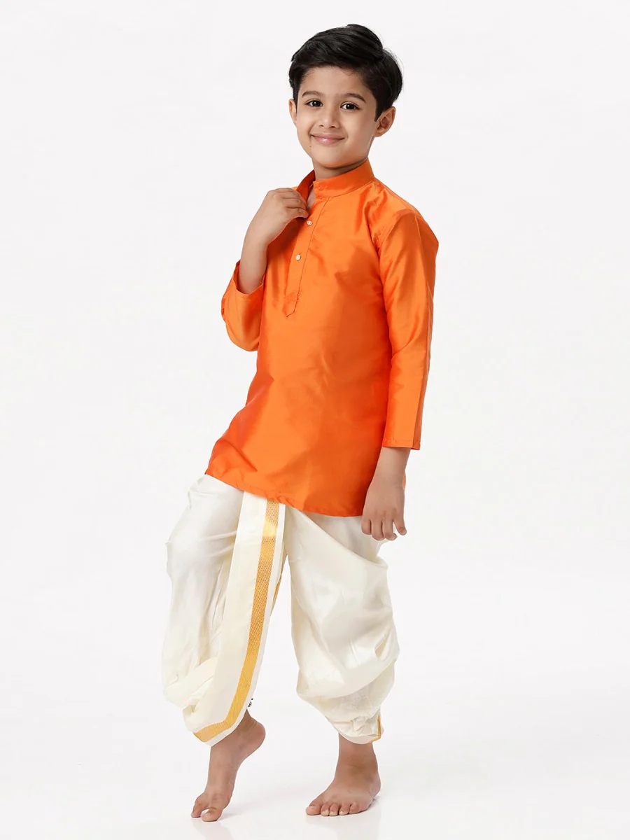 Boys Silk Cotton Full Sleeves Orange Kurta with Panchakacham Combo - Image 2