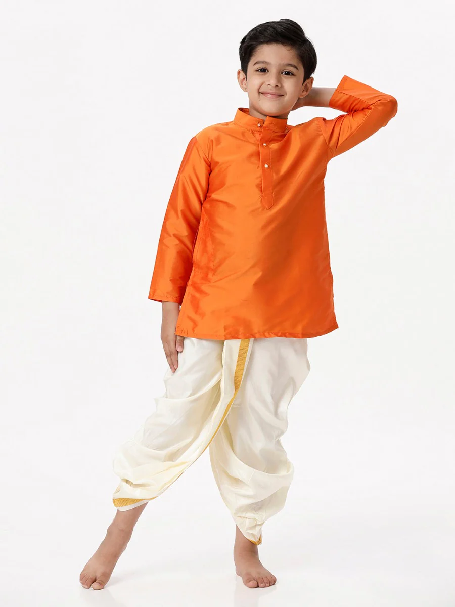 Boys Silk Cotton Full Sleeves Orange Kurta with Panchakacham Combo - Image 3