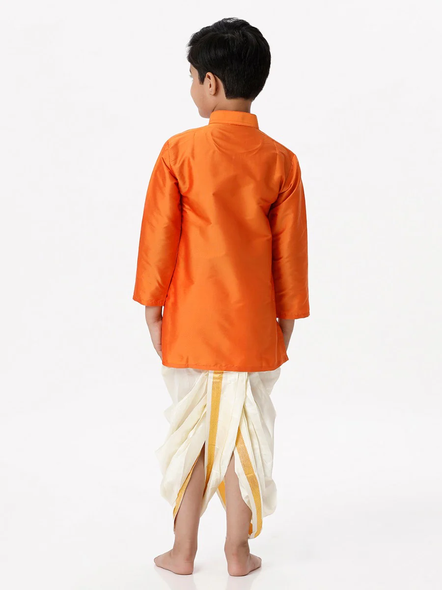 Boys Silk Cotton Full Sleeves Orange Kurta with Panchakacham Combo - Image 4
