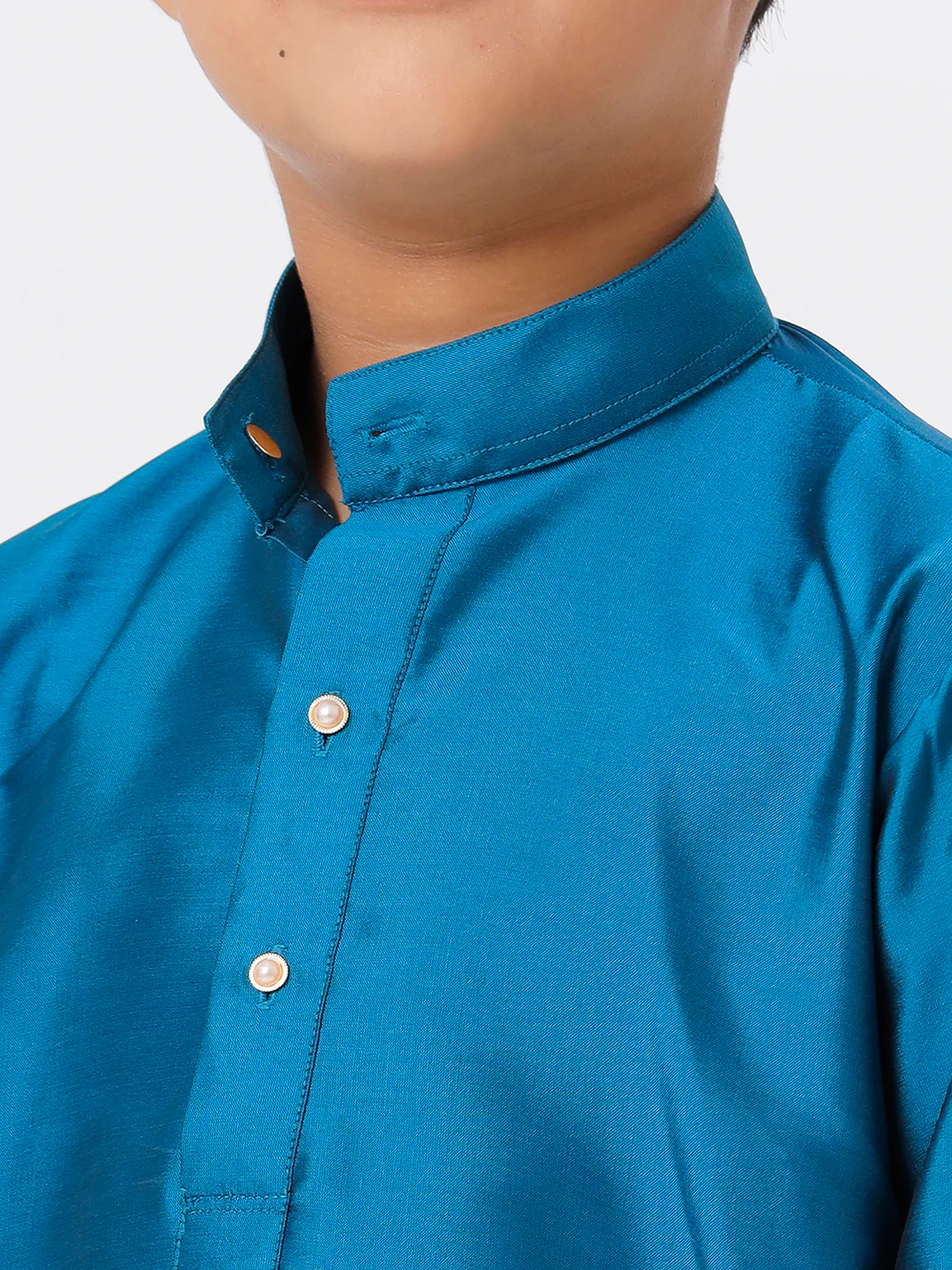 Boys Silk Cotton Full Sleeves Ramar Blue  Kurta with Gold Jari Dhoti Combo - Image 2