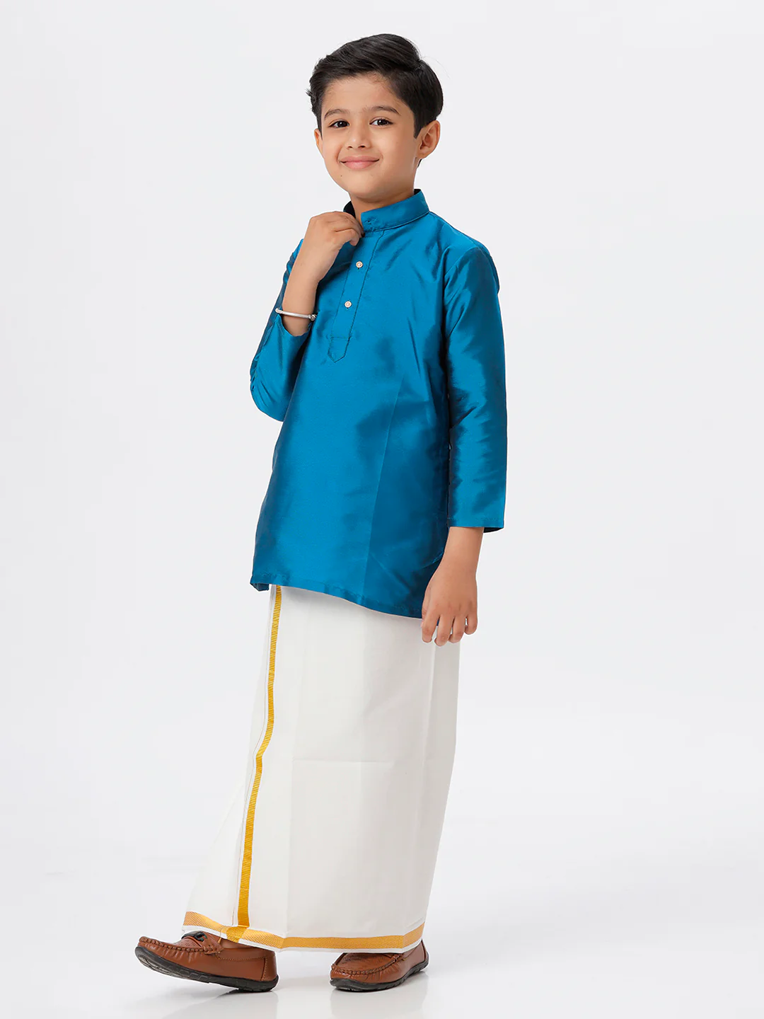 Boys Silk Cotton Full Sleeves Ramar Blue  Kurta with Gold Jari Dhoti Combo - Image 3