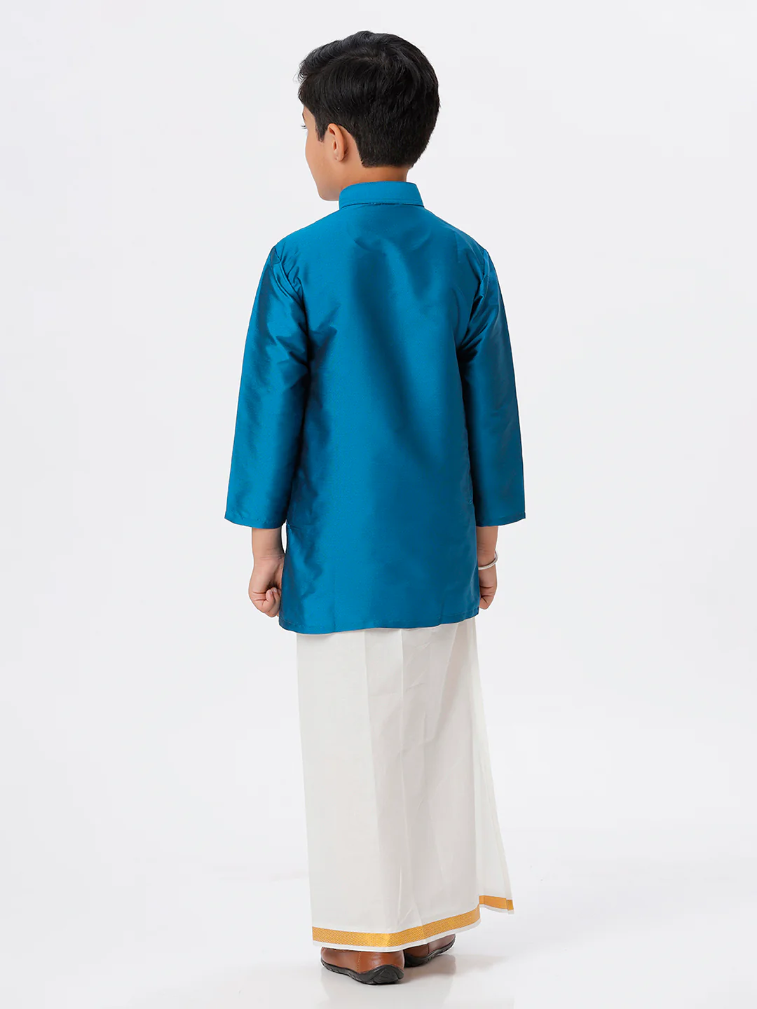 Boys Silk Cotton Full Sleeves Ramar Blue  Kurta with Gold Jari Dhoti Combo - Image 4