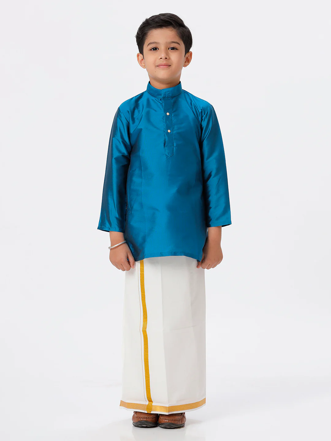 Boys Silk Cotton Full Sleeves Ramar Blue  Kurta with Gold Jari Dhoti Combo - Image 5